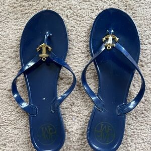 Navy Blue Flip Flops with Gold Anchor Detail